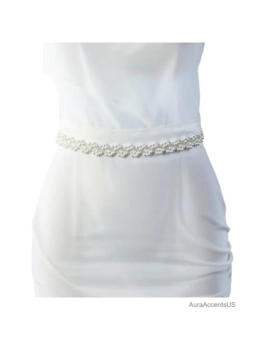 Pearl Crystal Beaded Bridal Belt with Organza Ribbon Tie